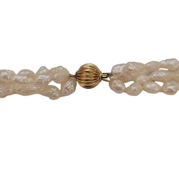 14K Yellow Gold Tongue Clasp Triple Strand Rice Pearls Gold Beads Necklace K894 - Picture 3 of 6